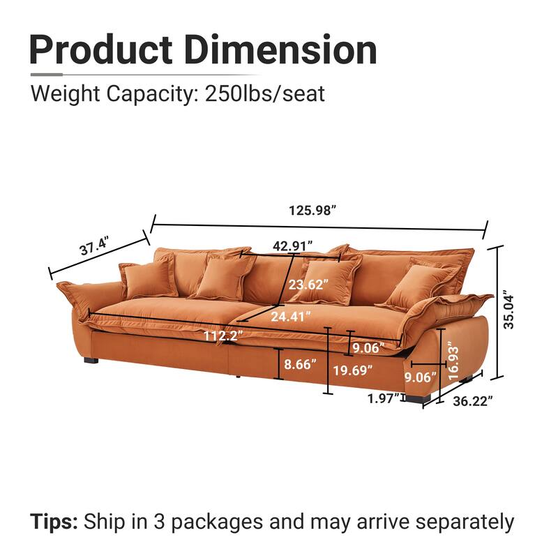 Modular Spacious Deep Seating Velvet Sofa with Storage, Removable Cushion Covers, Pillow Top Arms, Solid Wood Frame and Pillows