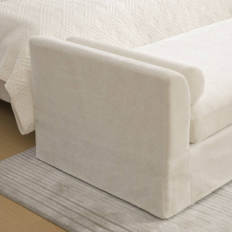 90.6''W Chenille End of Bed Bench With 2 Bolster Pillows,Chaise Lounge,Entryways Bench