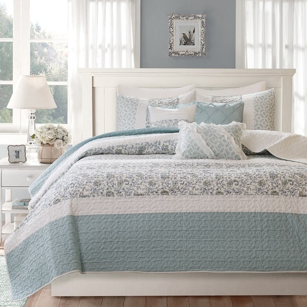 slide 2 of 32, Madison Park Vanessa 6 Piece Cotton Percale Quilt Set with Throw Pillows Aqua - Full - Queen