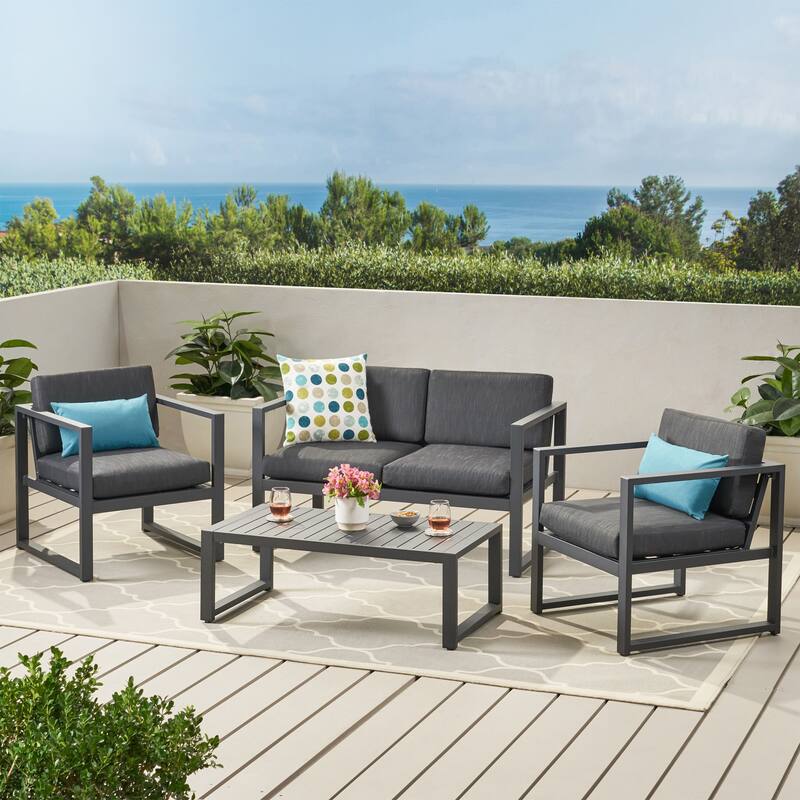 4 Piece Outdoor Chair Set for 4, All-Weather Aluminum Conversation Sets with Weather Resistant Cushion