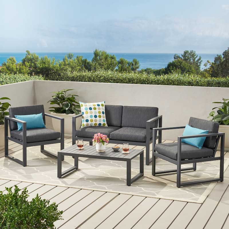 Aluminum 4pc Outdoor Chat Set Dark Gray Patio Furniture with Weather Resistant Cushions