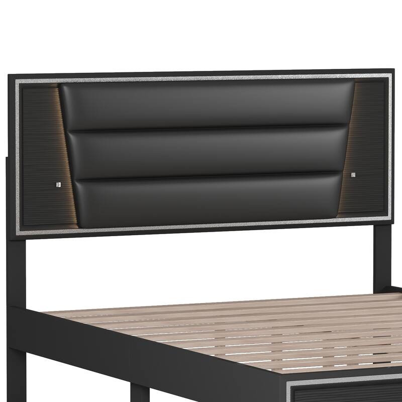 PU Upholstered Platform Bed, Headboard with LED Light Strips & Sparkling Shiny Decoration, Wood Panel Bed Frame