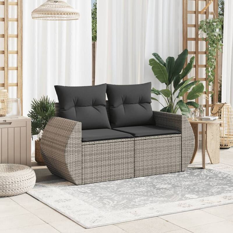 vidaXL Patio Sofa with Cushions 2-Seater Loveseat Modular Couch Poly Rattan - 24.4 x 55.9 x 27.2 in
