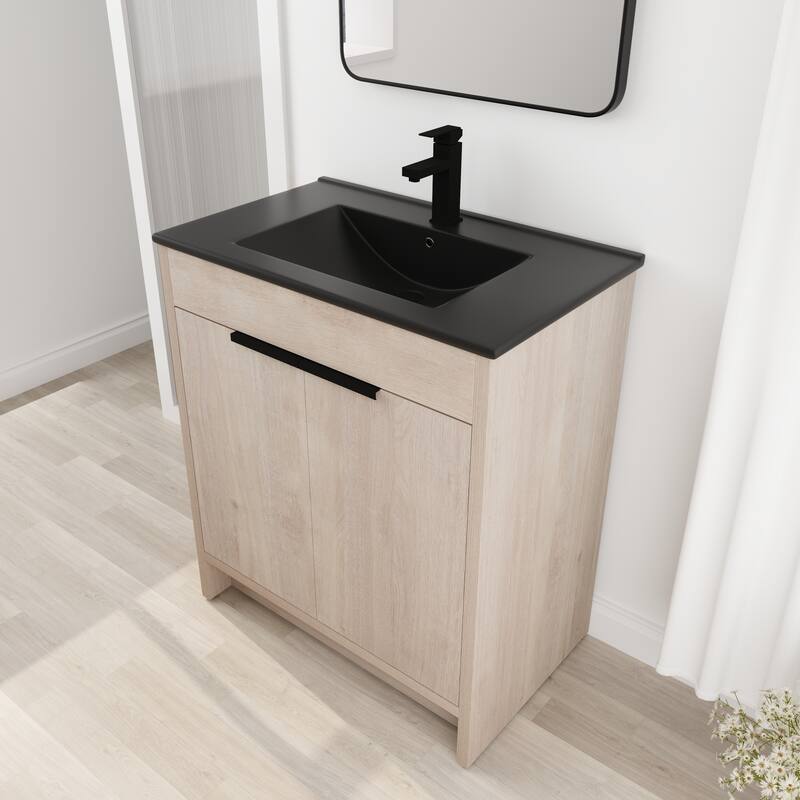 30 Inch Freestanding Bathroom Vanity with Black Ceramic Sink & 2 Soft-Close Cabinet Doors