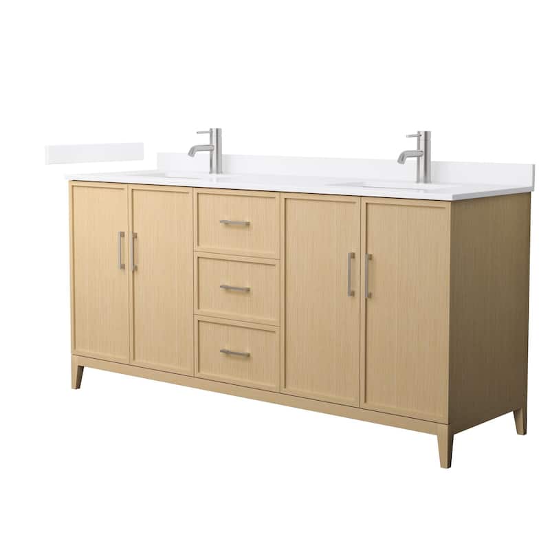 Elan 72-inch Double Vanity, Single Hole Quartz Top - White Oak, Nickel Trim, White Quartz Top