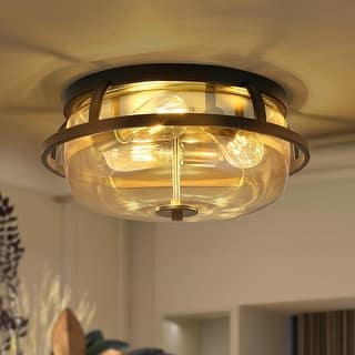 3-Light 15.6" Ceiling Mount Light, Clear Amber Glass Shade