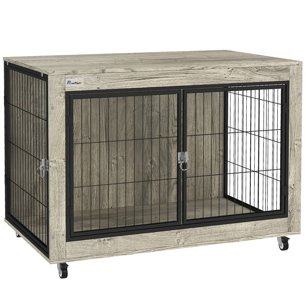 PawHut 39" Dog Crate Furniture with Wheels, Dog Kennel Furniture with Interchangeable Side Door, Dog Cage End Table