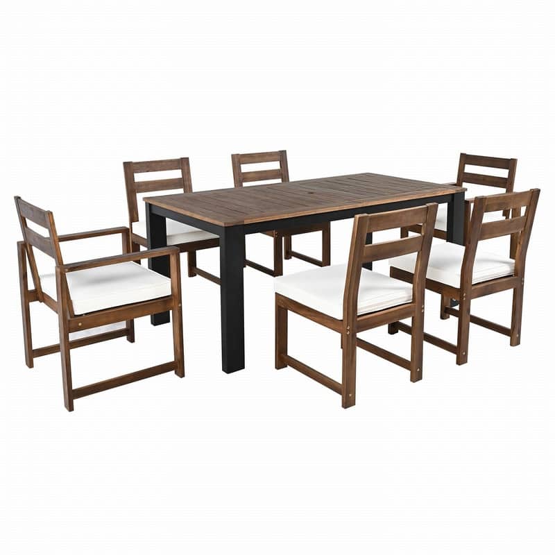 Acacia Wood 7 Piece Patio Dining Table and Chairs Set with Umbrella Hole for Outdoor Gatherings and Relaxation