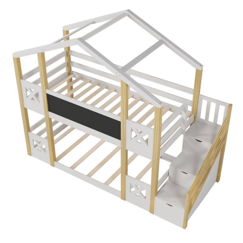 Twin Wood Bunk Bed with Blackboard, Storage Staircase, and Guardrails
