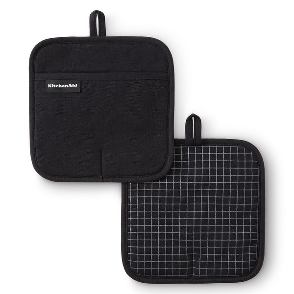 KITCHENAID Gourmet Series Gridlines Pot Holders 2-Pack Set, Heat Resistant up to 600°F, Soft Silicone Grip, Magnetic Cuff - Matte Black