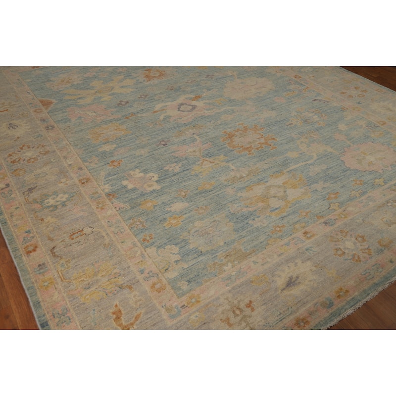 Vegetable Dye Blue Floral Oushak Turkish Area Rug Handmade Wool Carpet - 8'3"x 9'8"