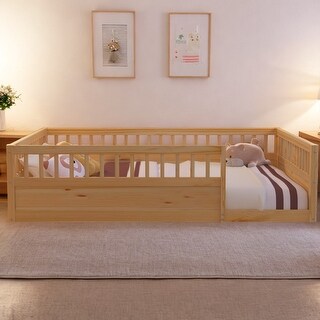Solid Full Wooden Floor Bed Frame with Safety Fence for Kids, Low to Ground Design for Bedroom and Playroom Use, Natural