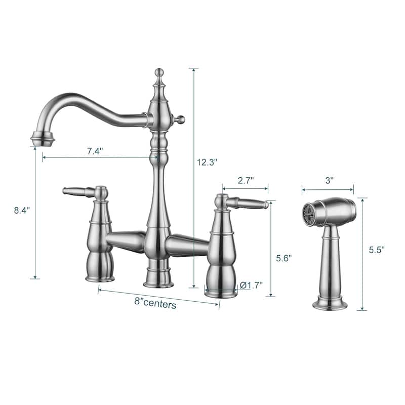 WOWOW 4 Hole Double Handle Bridge Kitchen Faucet with Side Sprayer
