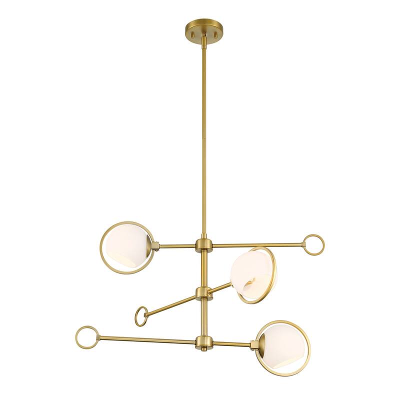 Teatro 28 in. 3-Light Brushed Gold Modern Chandelier with Etched Opal Glass Shades