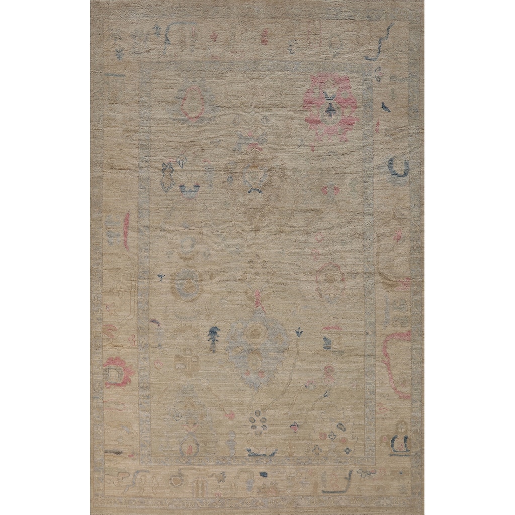 Vegetable Dye Oushak Turkish Rug Handmade Bedroom Beige Wool Carpet - 4'10"x 7'5"