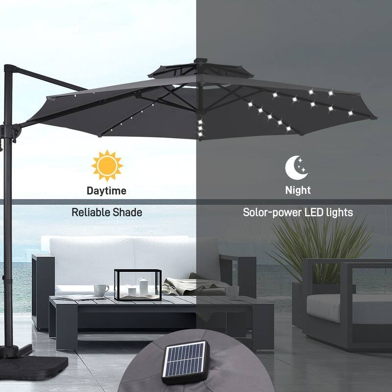 Autlaycil 10FT Cantilever Patio Umbrella with Solar Lights Included Base 360 Rotation Large Offset Hanging Outdoor Shade
