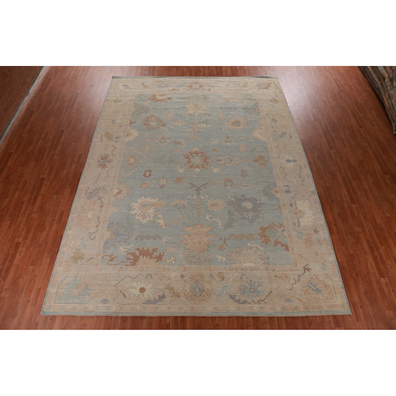 Hand Knotted Oriental 100% Wool Carpet Transitional All-Over Navy Blue & Blues Oushak Area Rug - 14' 0'' X 10' 8''