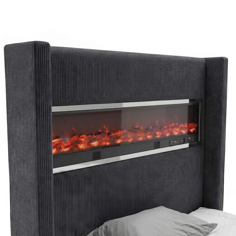 Furniture of America Gaia Modern Chenille Bed with 50-inch TV Lift and 3D Fireplace Simulator