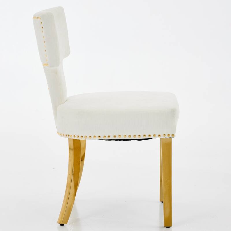 Mid Century Modern Chenille Dining Chairs Set of 2, Upholstered Accent Kitchen Chairs with Nailhead Trim & Gold Steel Legs