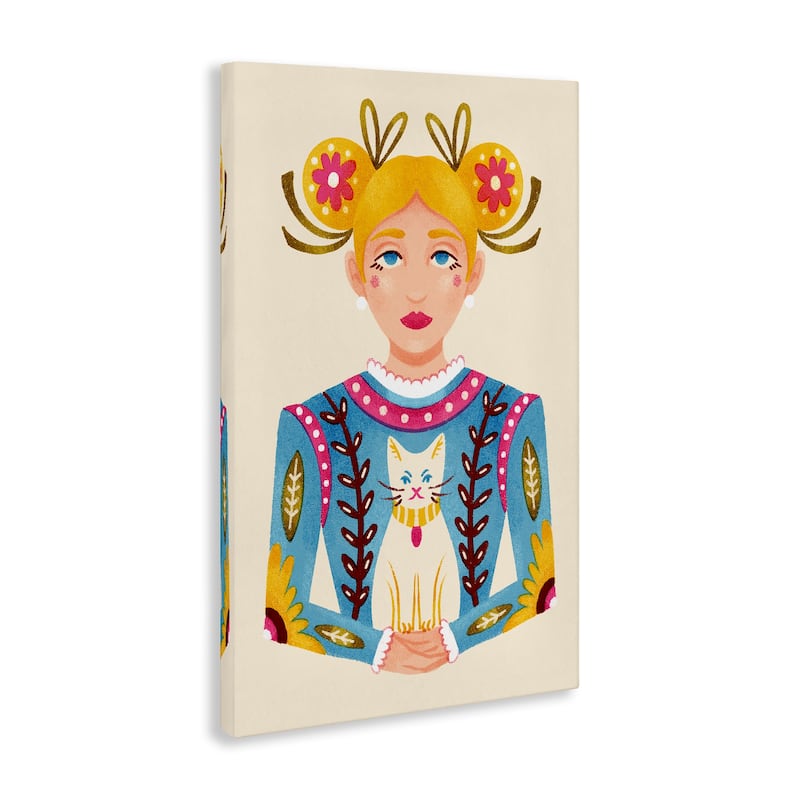 Stupell Blonde Folk Girl with Cat Canvas Wall Art Design By Hannah Moren