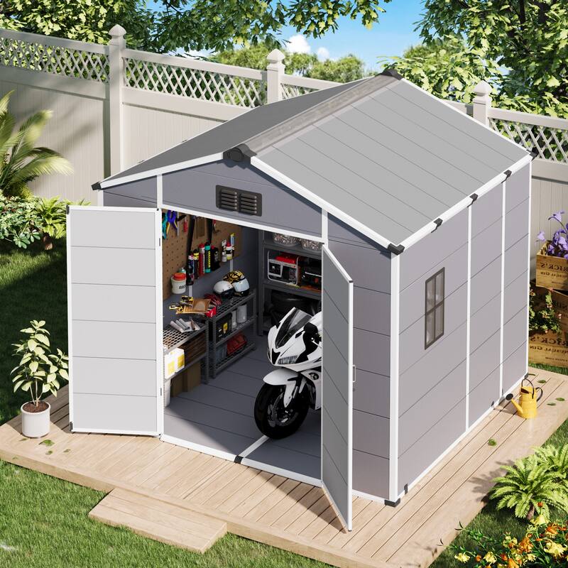 EROMMY Outdoor Storage Shed with Built-In Floor, Lockable Double Doors & Sloped Roof, Gray/Black