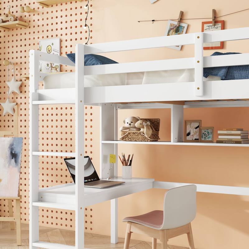 Twin Loft Bed with Desk, Shelves, Safety Guardrail, and Ladder, White