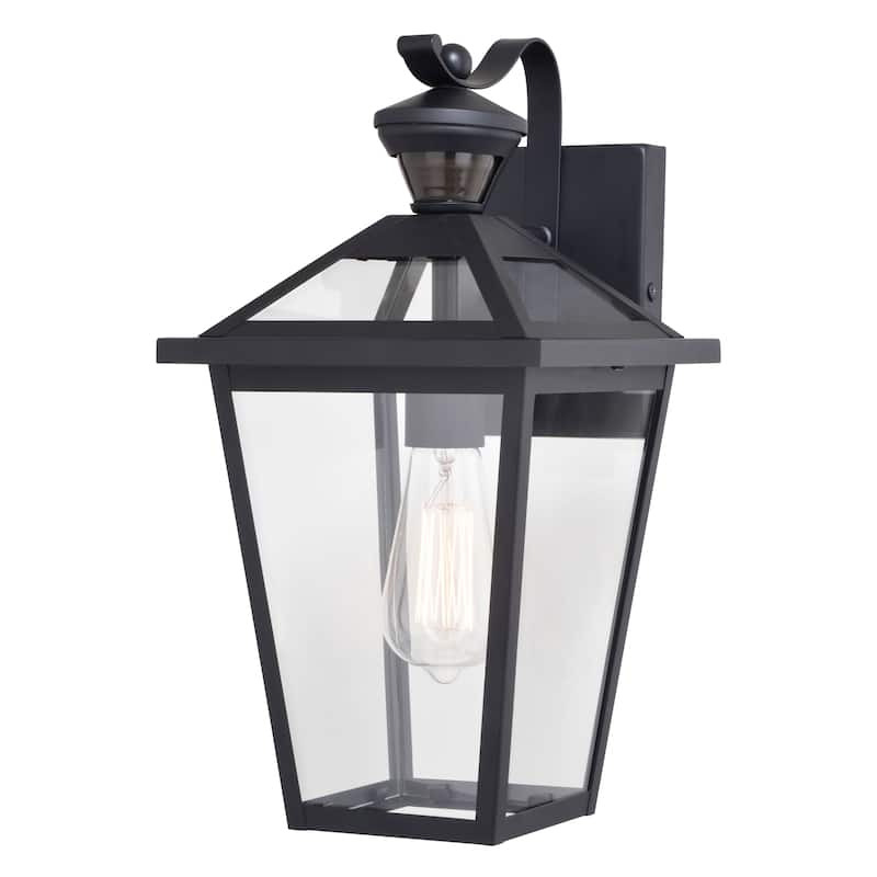 Derby 1 Light Matte Black Motion Sensor Dusk to Dawn Outdoor Wall Lantern Clear Glass Shade, LED Compatible