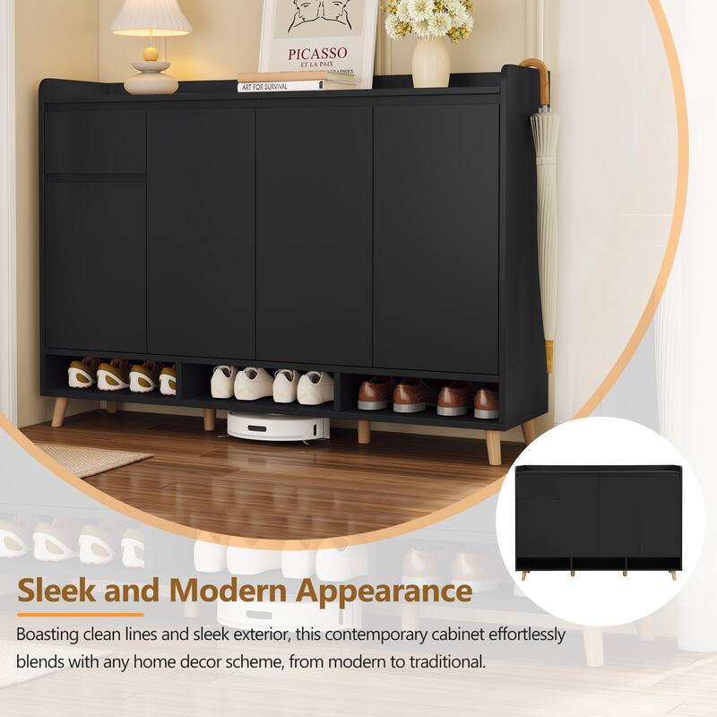 Contemporary Shoe Cabinet ，Minimalist Home Organizer with Solid Wood Legs, Storage Sideboard for Entryway