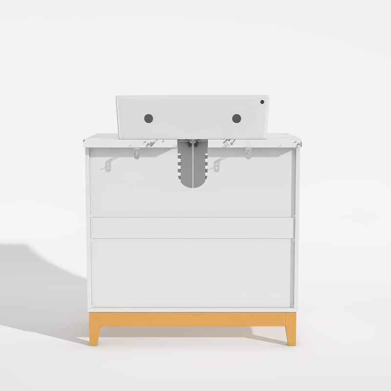 31" Bathroom Vanity with Sink, Modern Freestanding Bathroom Vanity Cabinet Artificial Stone Basin and Solid Wood Leg