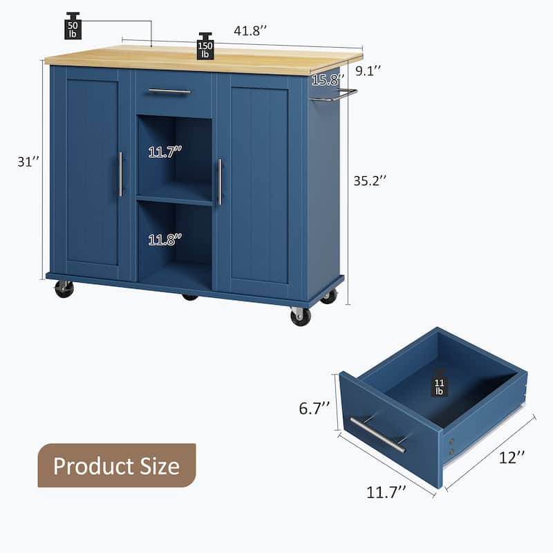 2-Door Kitchen Island with Drawer & Drop Leaf - Mobile Storage Cart on Lockable Wheels for Kitchen, Dining Room, Bar