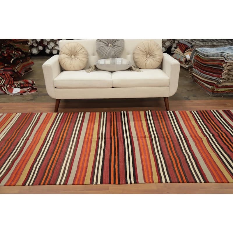 Hand Woven Oriental 100% Wool Carpet Southwestern Geometric Oranges & Rust Kilim Area Rug - 10' 1'' X 4' 11''