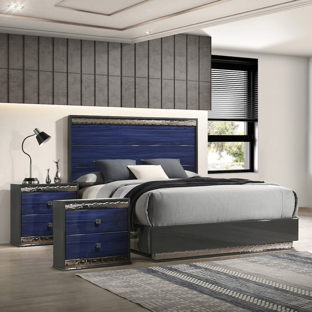 Furniture of America Luzen Glam 3-Piece Indigo Blue Wood King Platform Bedroom Set