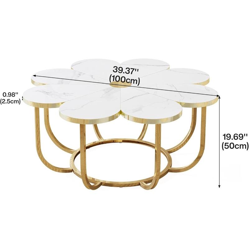 Beige and Gold Floral Coffee Table with Marble Pattern Scratch Resistant Top and Gold Coated Metal Frame