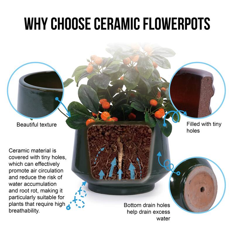 Handmade Glazed Ceramic Planter Set of 3, 15/11/9 Inch Diameter, Textured Finish for Orchids & Begonias, Indoor/Outdoor Use