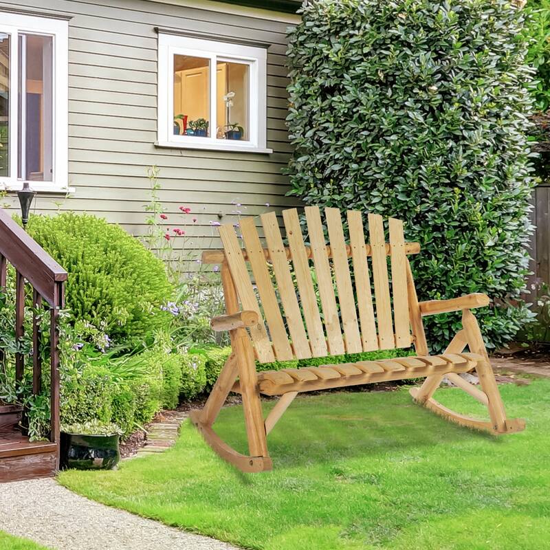 Outsunny 2-Person Wooden Adirondack Rocking with Slatted Design for Backyard, Porch, Poolside - Tan