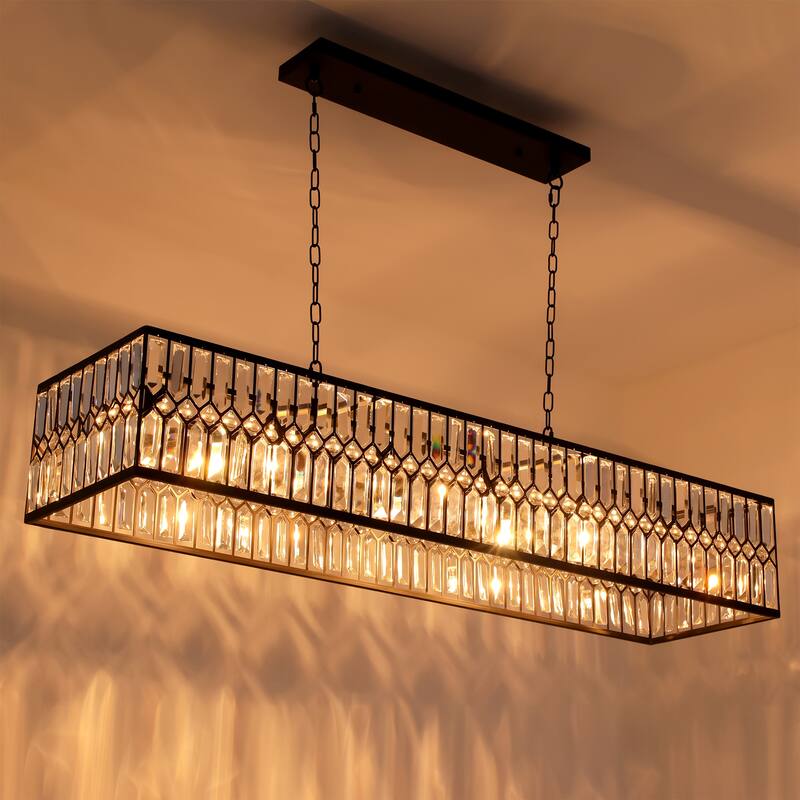 6-Light Glam Modern Black Rectangular Large Crystal Chandelier for Dining Room - 48.4 in. W x 12.2 in. H x 8.2 in. D