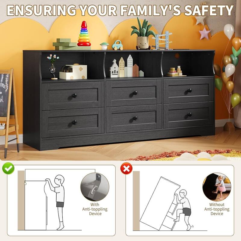 6 Drawer Dresser TV Stand for Bedroom with Charging Station & LED Lights