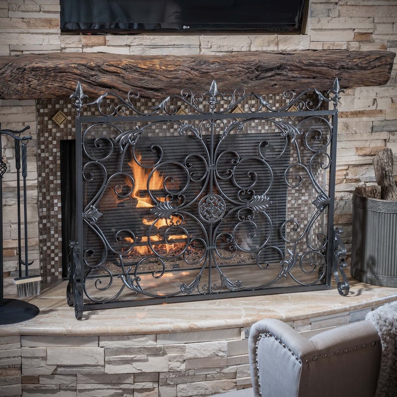 Wrought Iron Fireplace Screen, Black Finish - Black+Silver