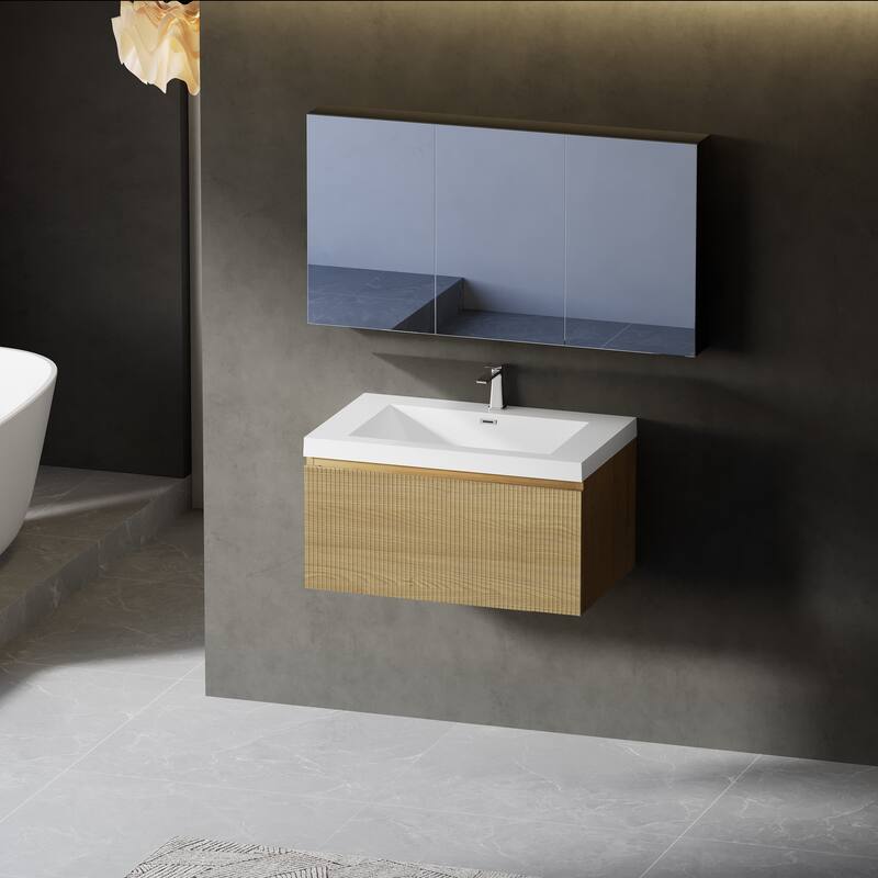 30'' Floating Bathroom Vanity with Sink Combo, Modern Wall-Mounted Striped Bathroom Storage Cabinet with Soft-Close Drawer