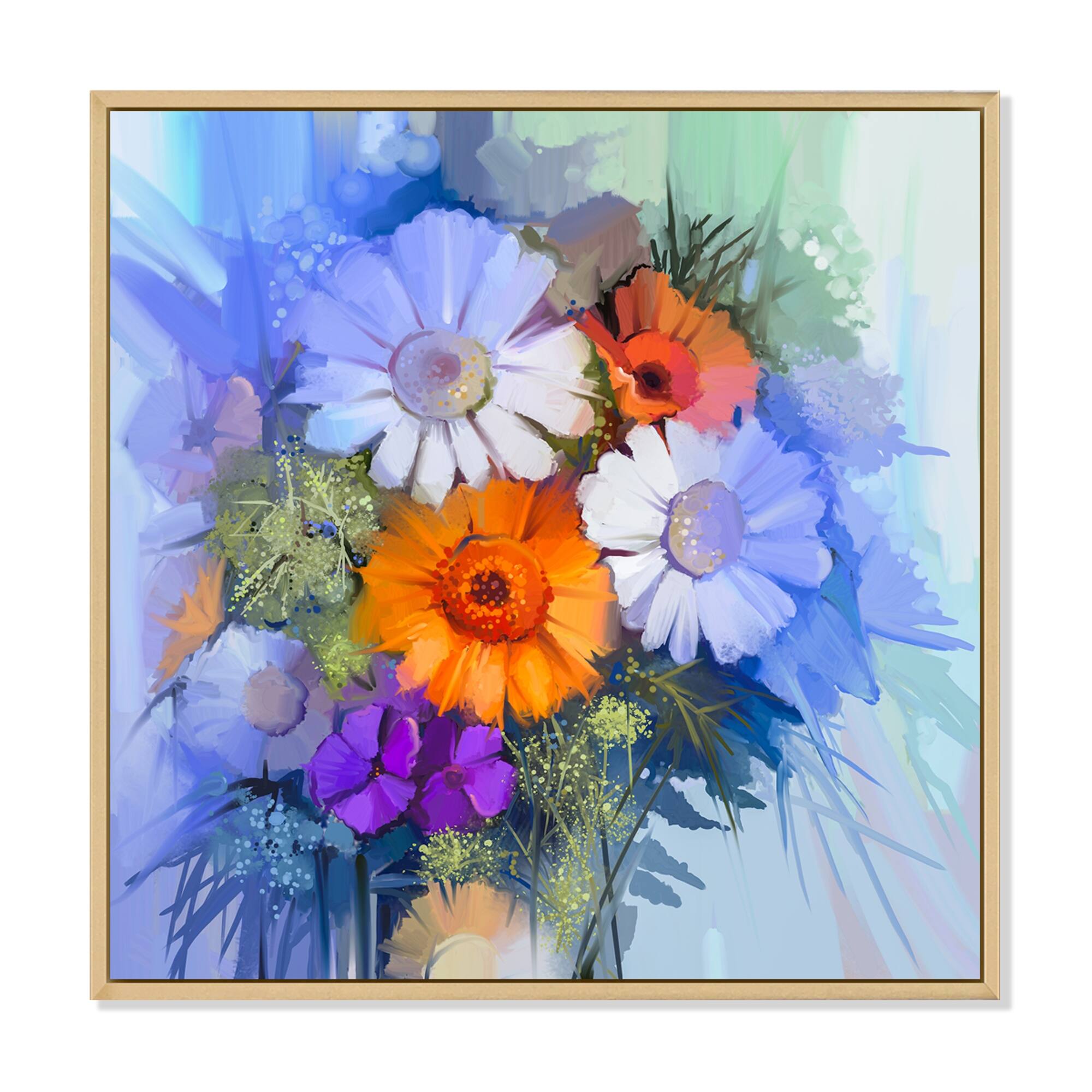 Designart "Abstract Paintbrush Spring Flower Bouquet VII" Traditional Framed Canvas Art Print