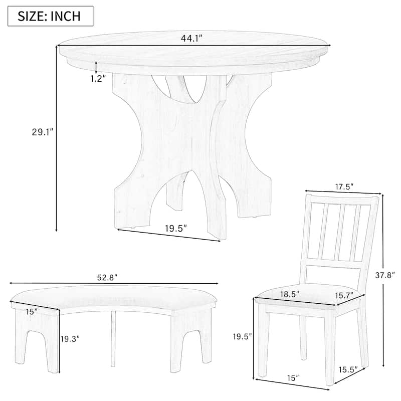 5-piece Rustic Charm Round Dining Set with 3 Upholstered Chairs and Curved Bench
