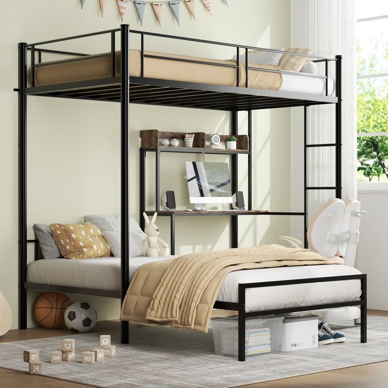 Bunk Bed Twin Over Twin Size with Desk and Charging Station,L-Shaped Bunk Bed with Shelves and Bookcase,Guardrail and Ladder