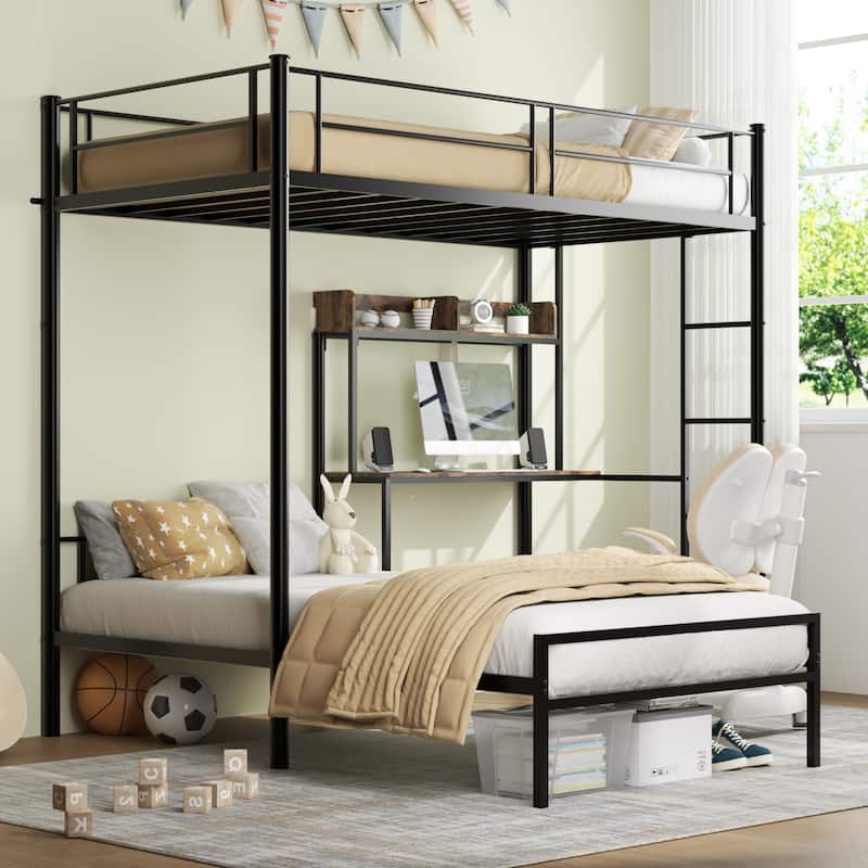 Twin over Twin L-Shaped Bunk Bed with Desk, Charging Station, Storage Shelves & Safety Guardrail