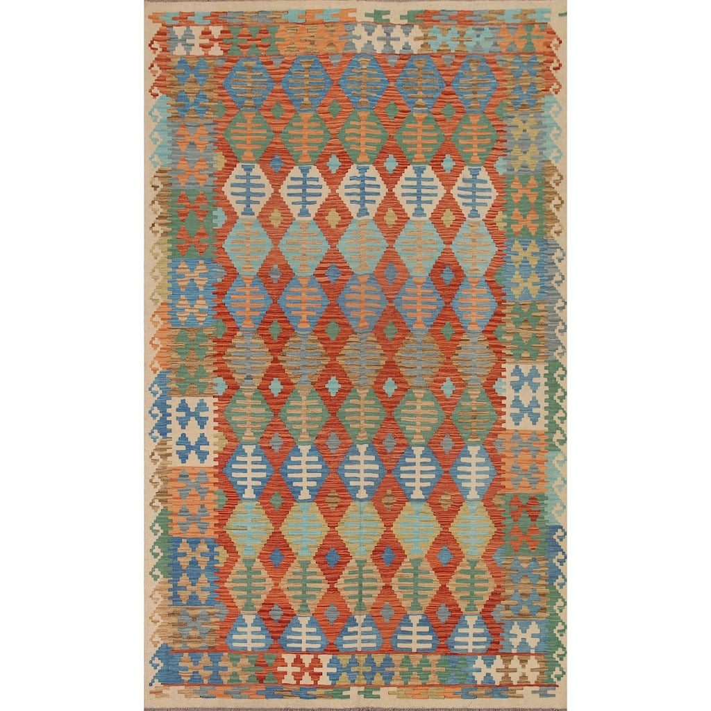 Hand Woven Oriental 100% Wool Carpet Southwestern Geometric Oranges & Rust Kilim Area Rug - 9' 7'' X 6' 5''