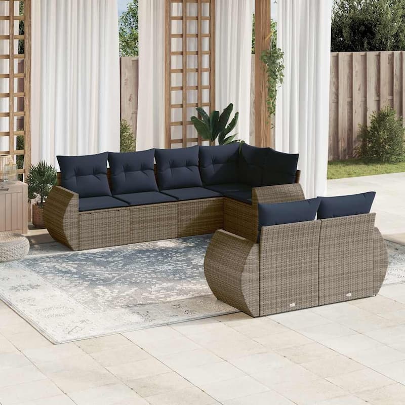 vidaXL 7 Piece Patio Sofa Set with Cushions Grey Poly Rattan - 24.4" x 24.4" x 27.2" - Grey