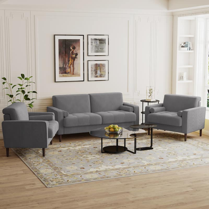 3-Piece Corduroy Tufted Club Armchair and Loveseat Set for Living Room - Light Grey