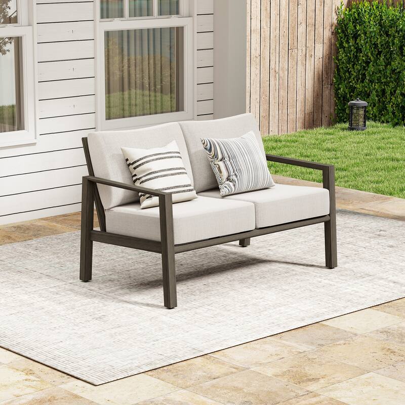 Nimbus 2-Person Brown Aluminum Patio Loveseat with Sunbrella Light Gray Cushions