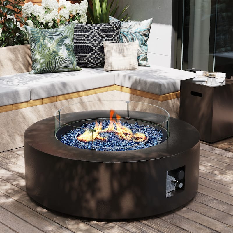 Patio Watcher Outdoor 42in. Iron Fire Pit Table with Propane Tank Cover and Glass Wind Guard
