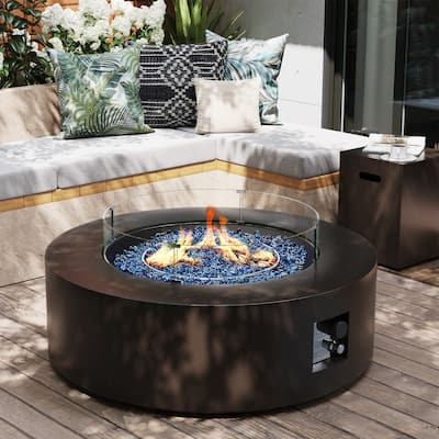 Patio Watcher Outdoor 42in. Iron Fire Pit Table with Propane Tank Cover and Glass Wind Guard