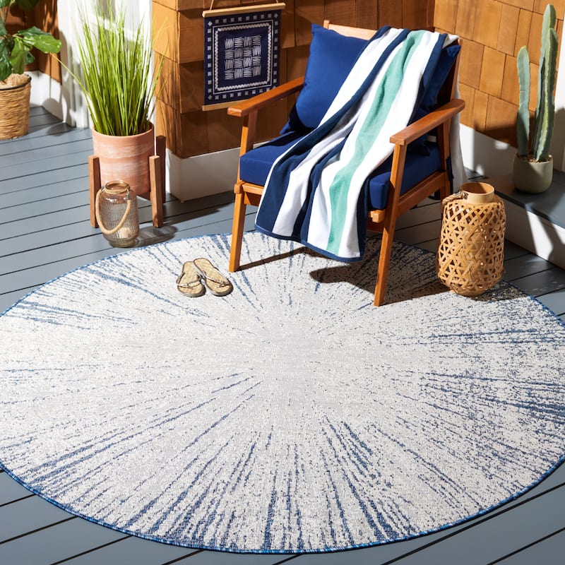 SAFAVIEH Courtyard Sabaha Indoor/Outdoor Waterproof Patio Backyard Rug - 6'7" Round - Beige/Navy
